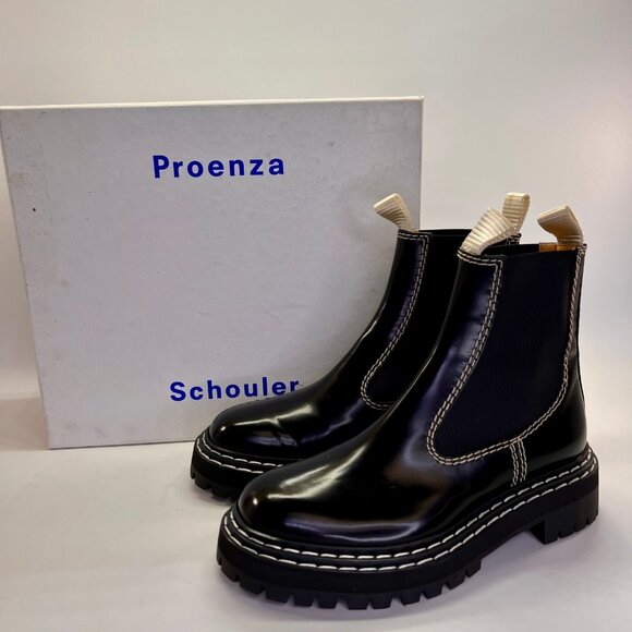 Proenza Schouler Brushed Calf Chelsea Boot Size 37.5 Black Lug Sole Ankle Boots - Picture 1 of 16